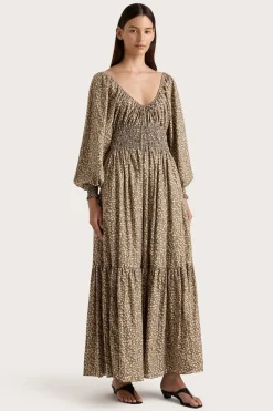 Fleur Maxi Dress Micro Leaves Walnut