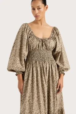 Fleur Maxi Dress Micro Leaves Walnut