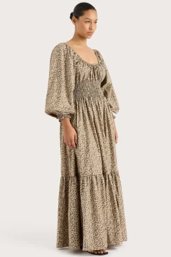 Fleur Maxi Dress Micro Leaves Walnut