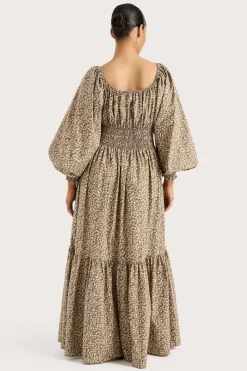 Fleur Maxi Dress Micro Leaves Walnut