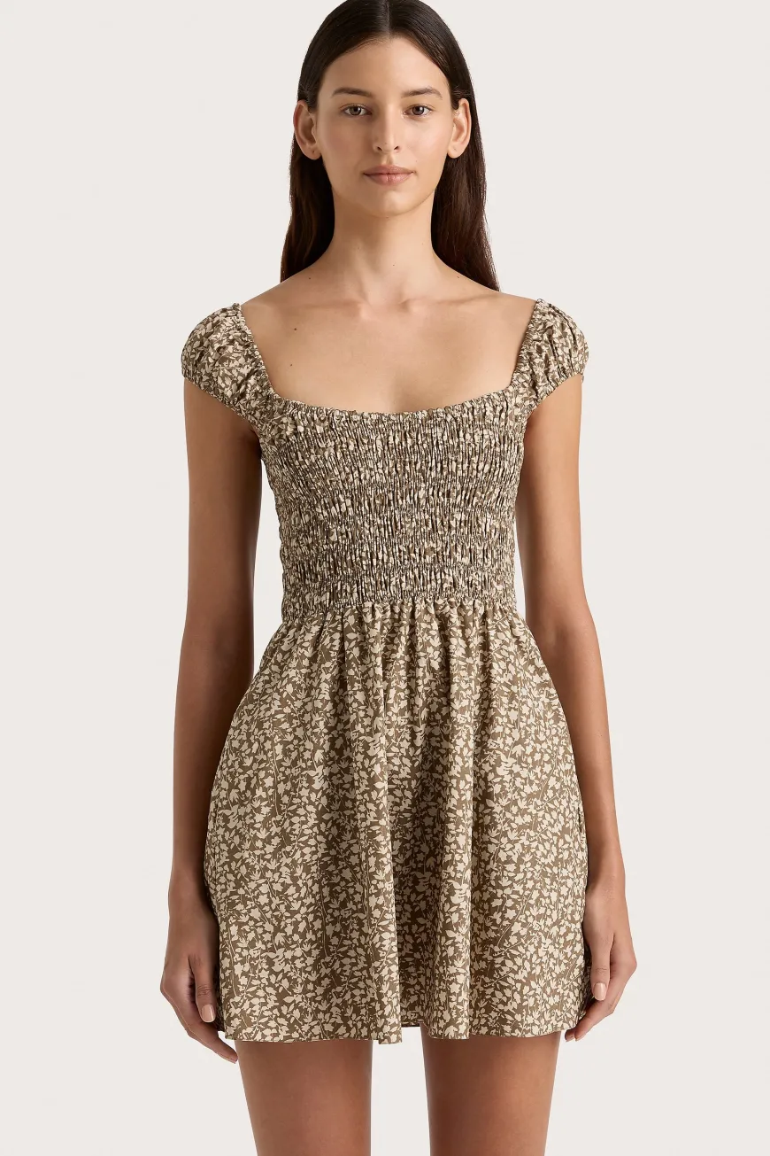 Lene Mini Dress Micro Leaves Walnut